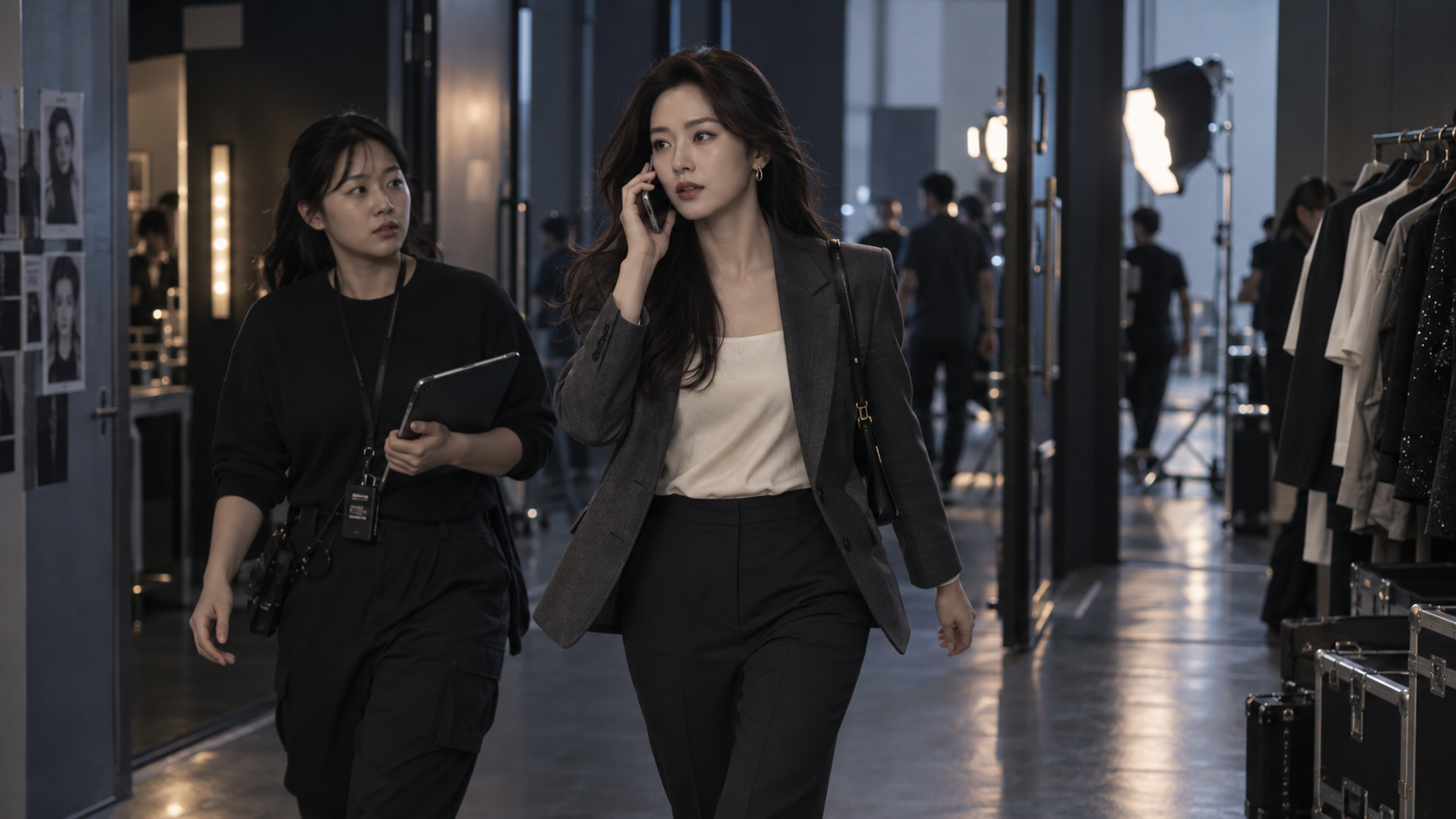 통화하며 촬영장 복도를 이동하는 바쁜 인플루언서